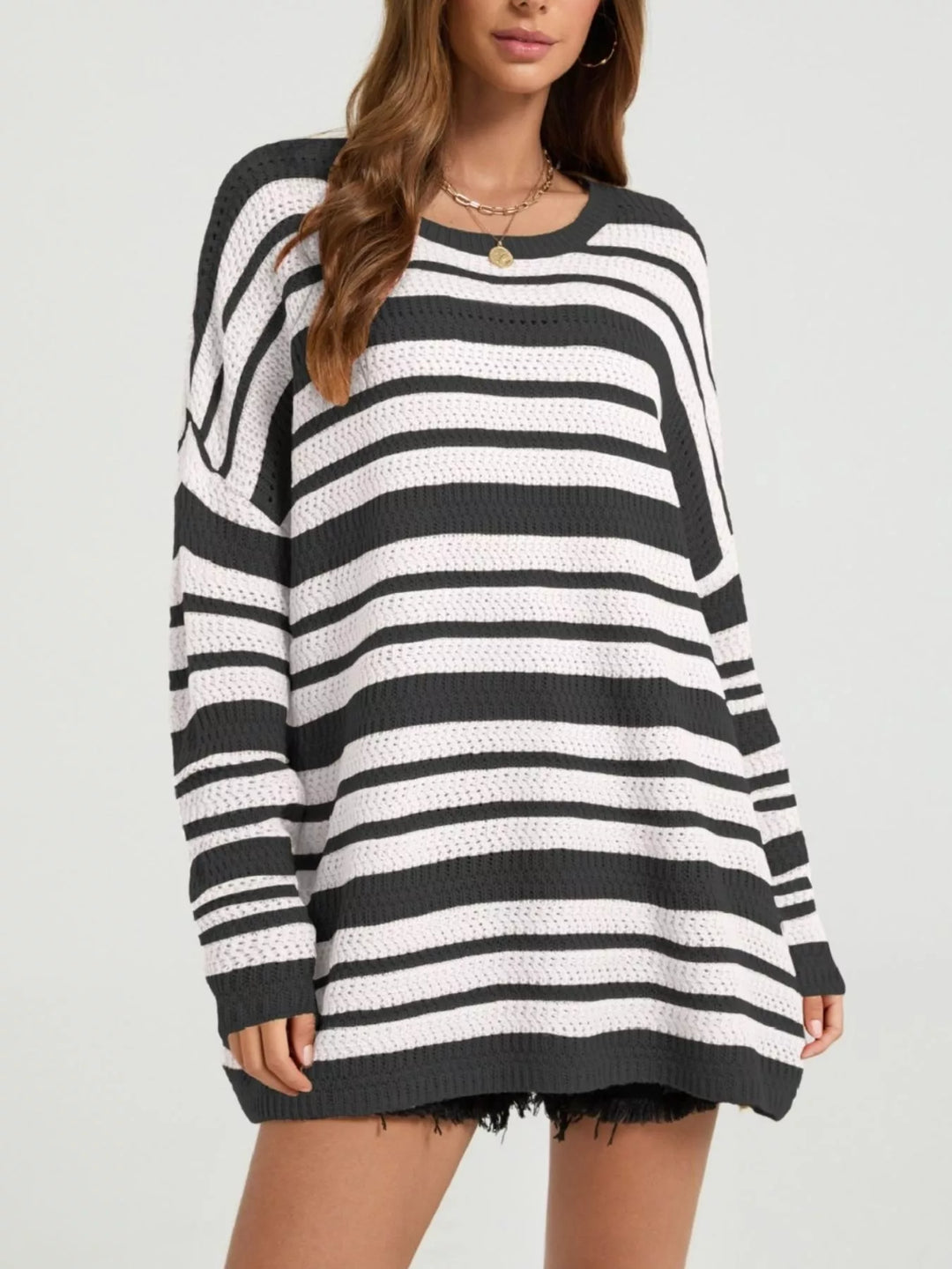 Striped open-knit drop shoulder oversized sweater