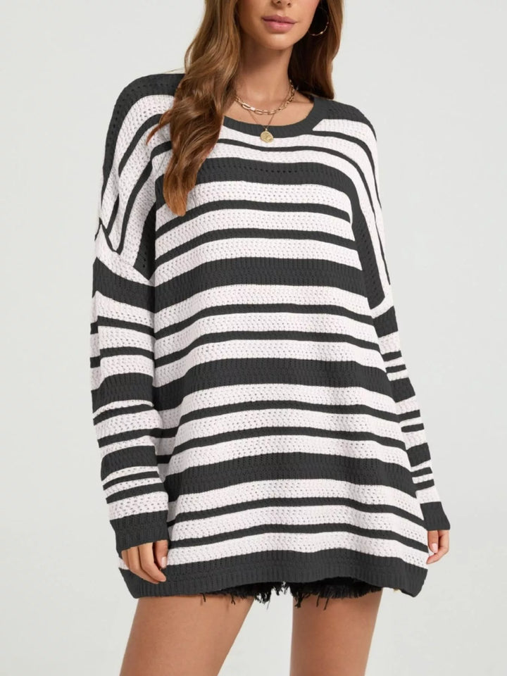 Striped open-knit drop shoulder oversized sweater