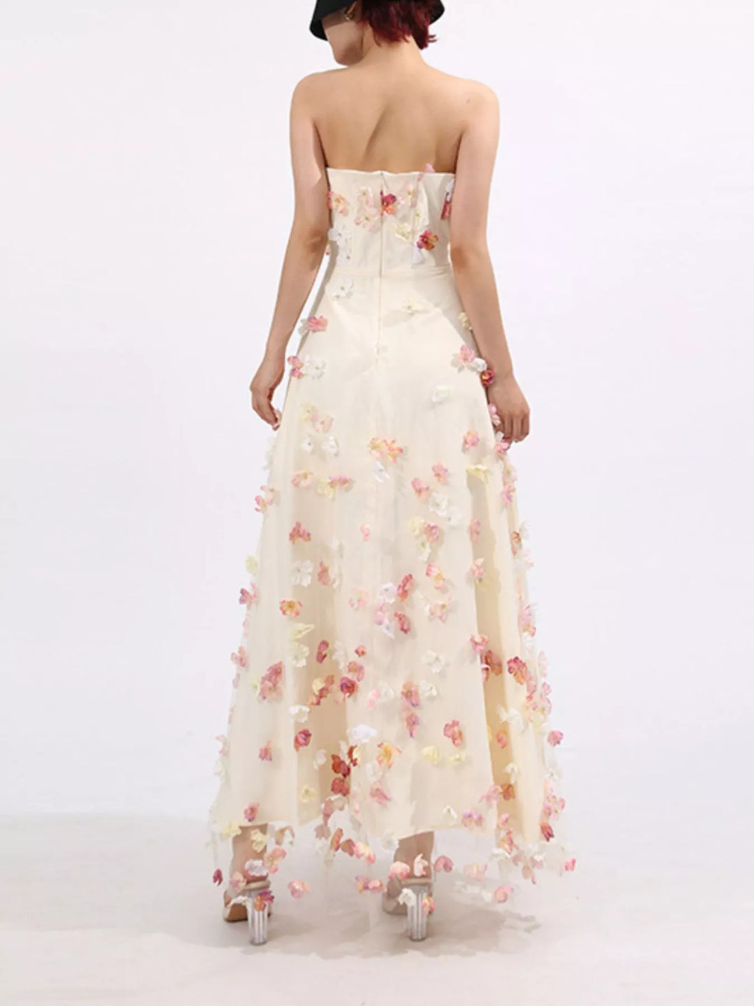 Strapless tulle maxi dress with 3D floral appliques