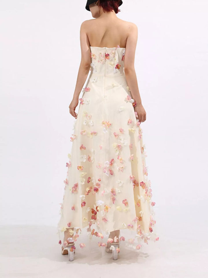 Strapless tulle maxi dress with 3D floral appliques