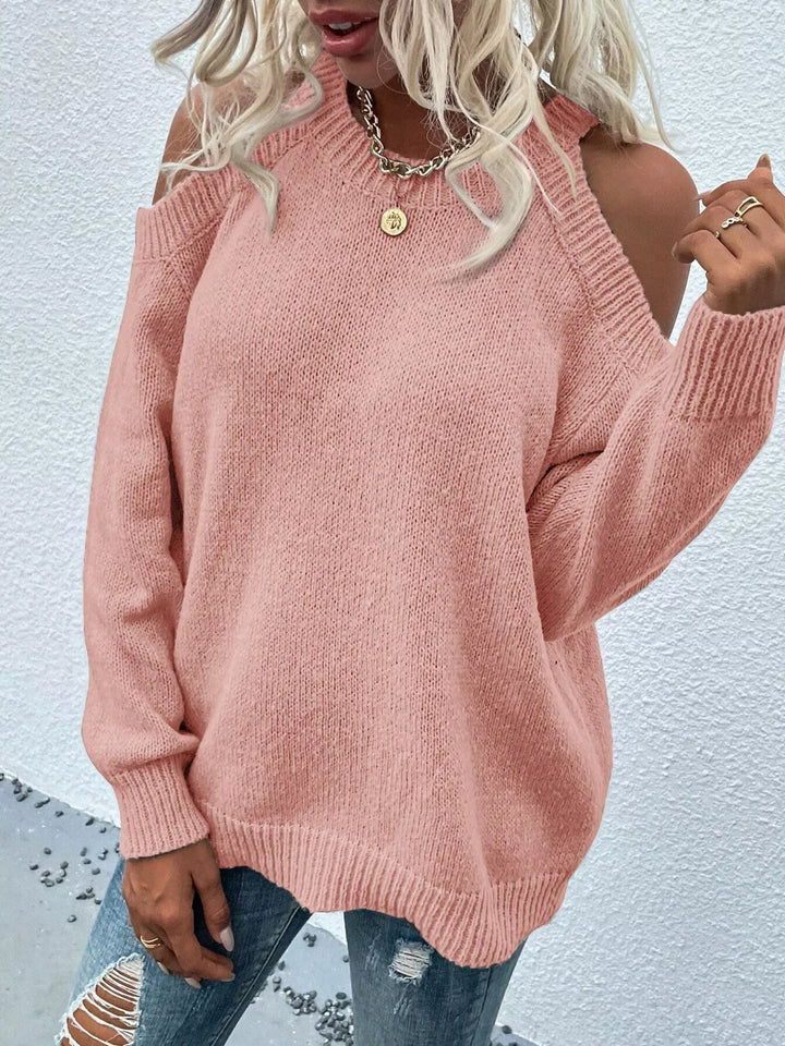 Cold shoulder ribbed knit crew neck sweater