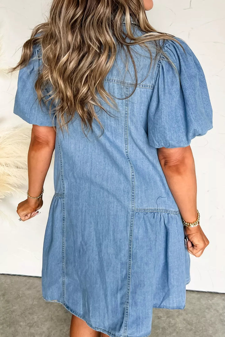 Button-down puff sleeve denim mini dress with ruffle hem