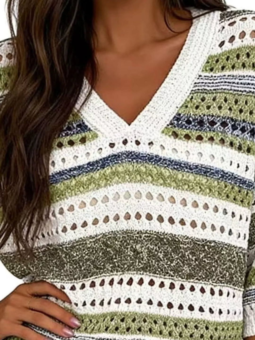 Striped openwork knit V-neck top with drop shoulders