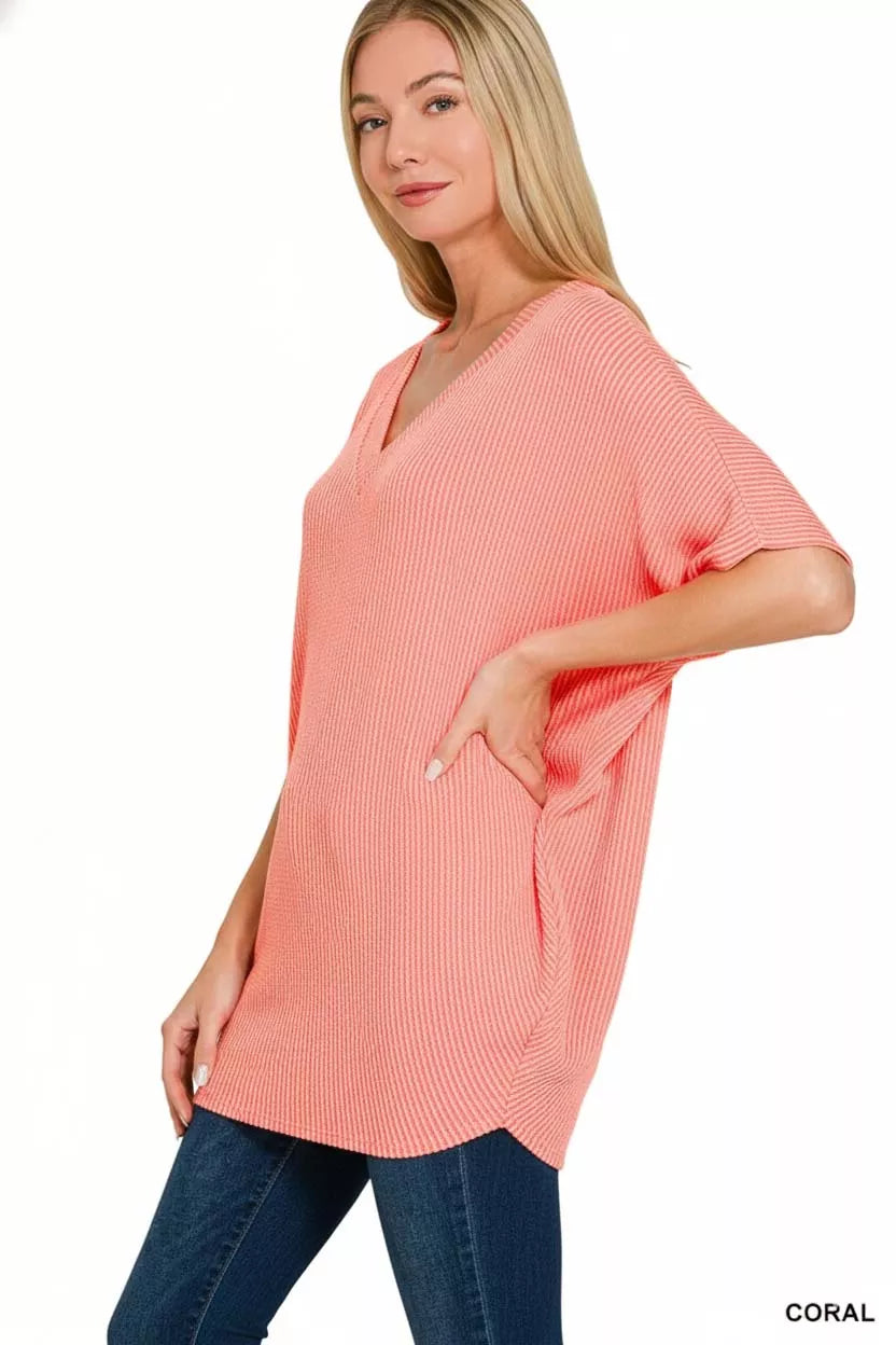 Raised rib batwing V-neck top with relaxed fit