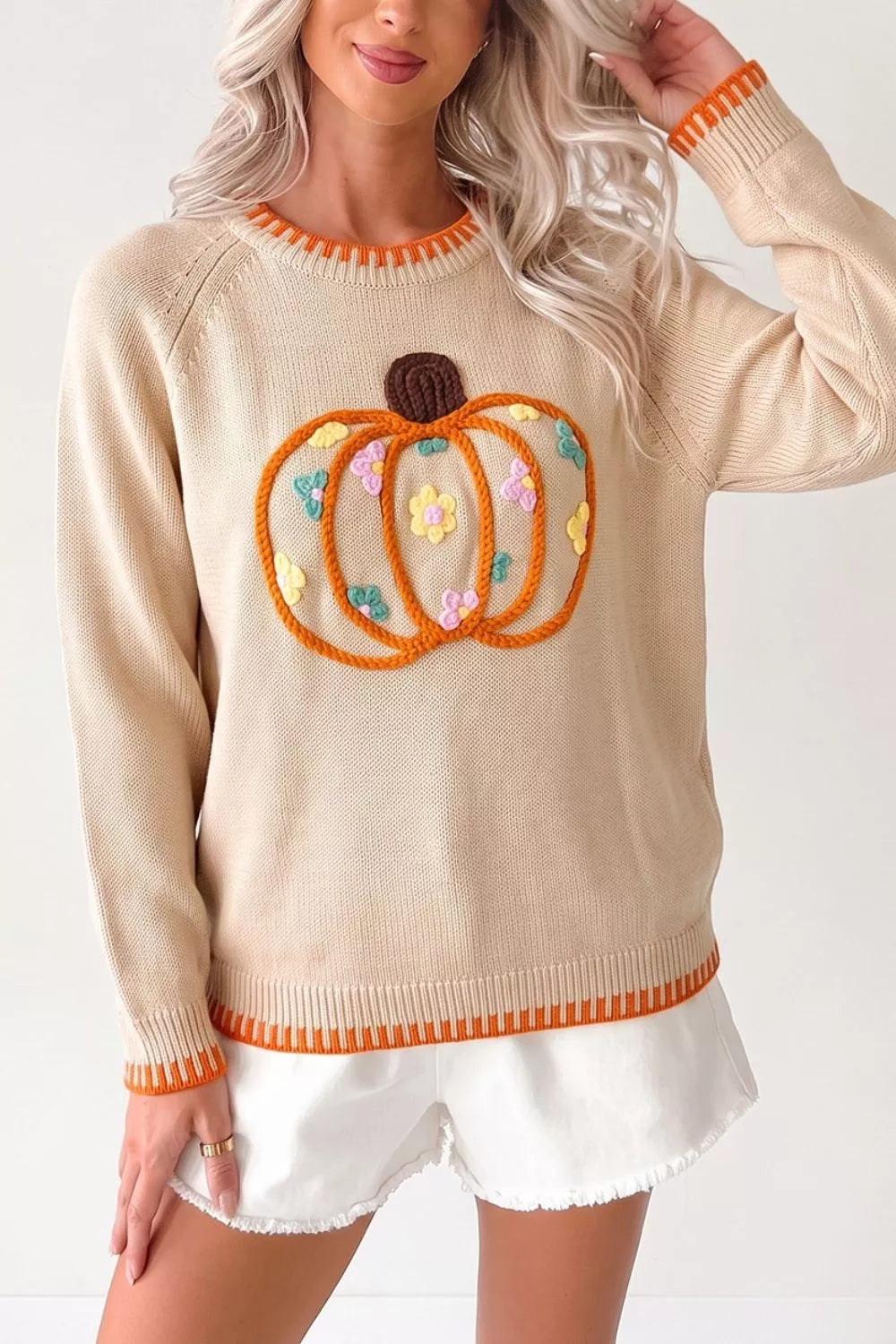 Pumpkin floral embroidery crew neck pullover sweater