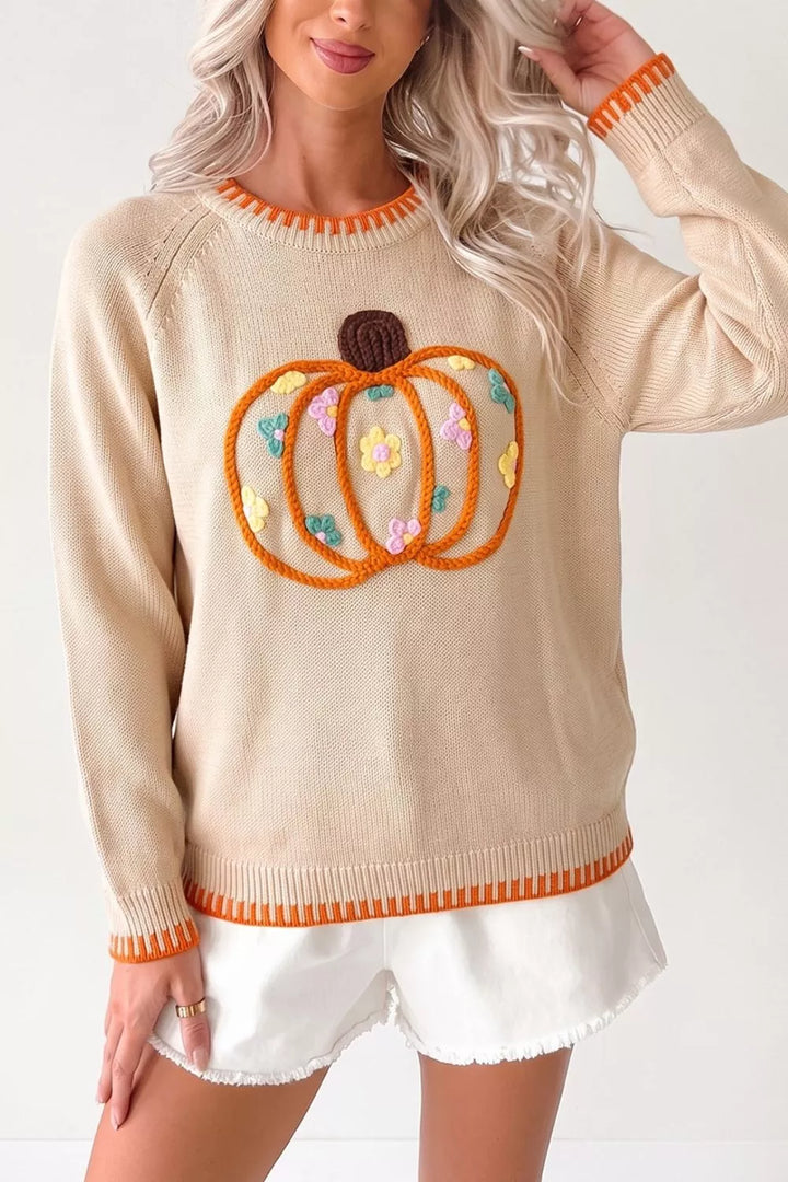 Pumpkin floral embroidery crew neck pullover sweater