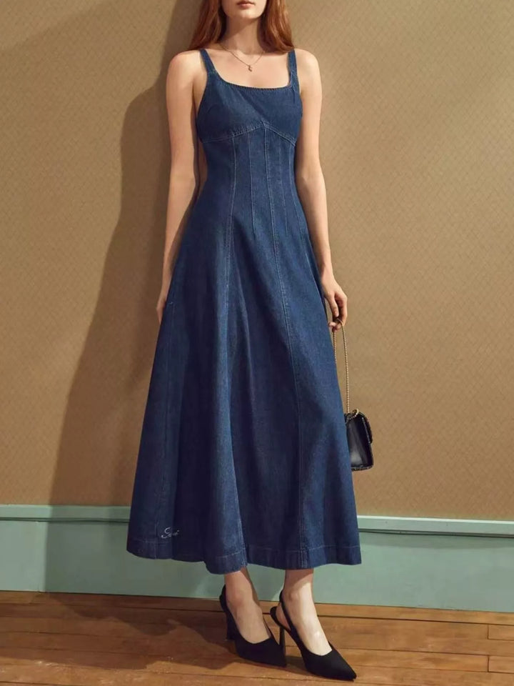 Square neck sleeveless denim maxi dress with A-line skirt