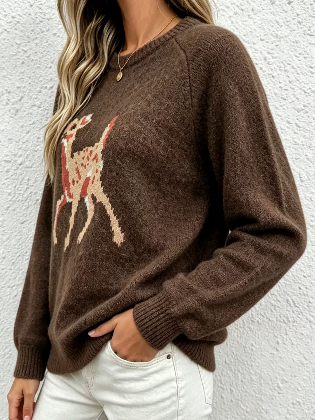 Deer knit raglan sleeve pullover sweater with ribbed trim