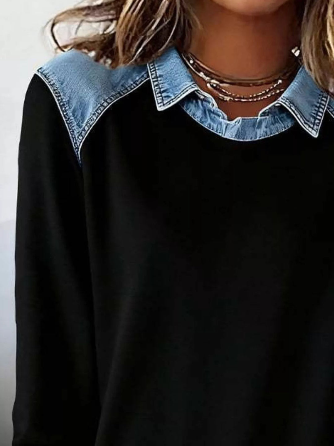 Denim-trim long sleeve crew neck pullover top