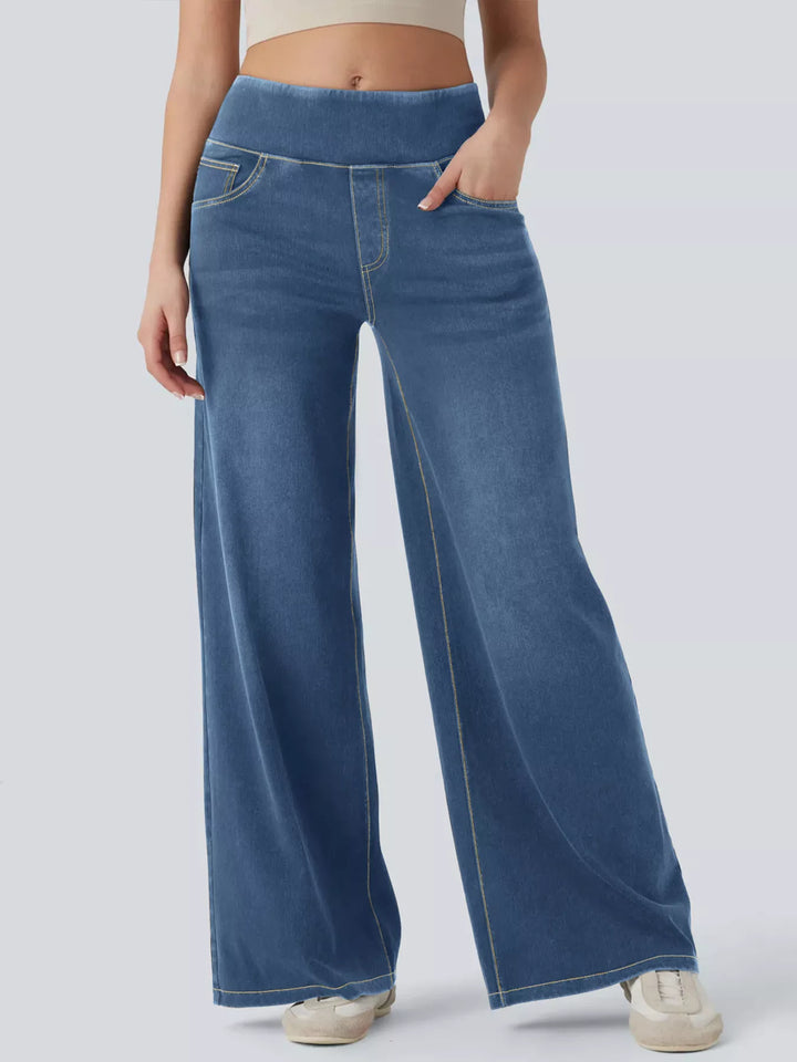 Medium Dark Blue High-rise pull-on wide leg jeans with side pockets