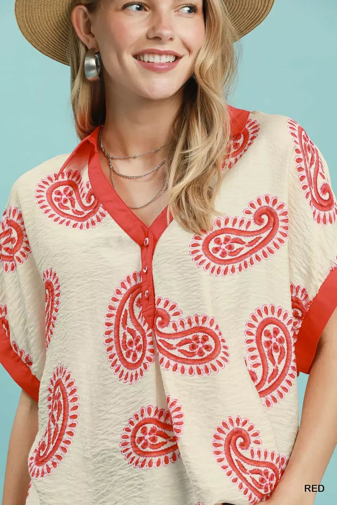 Paisley print short sleeve top with contrast trim