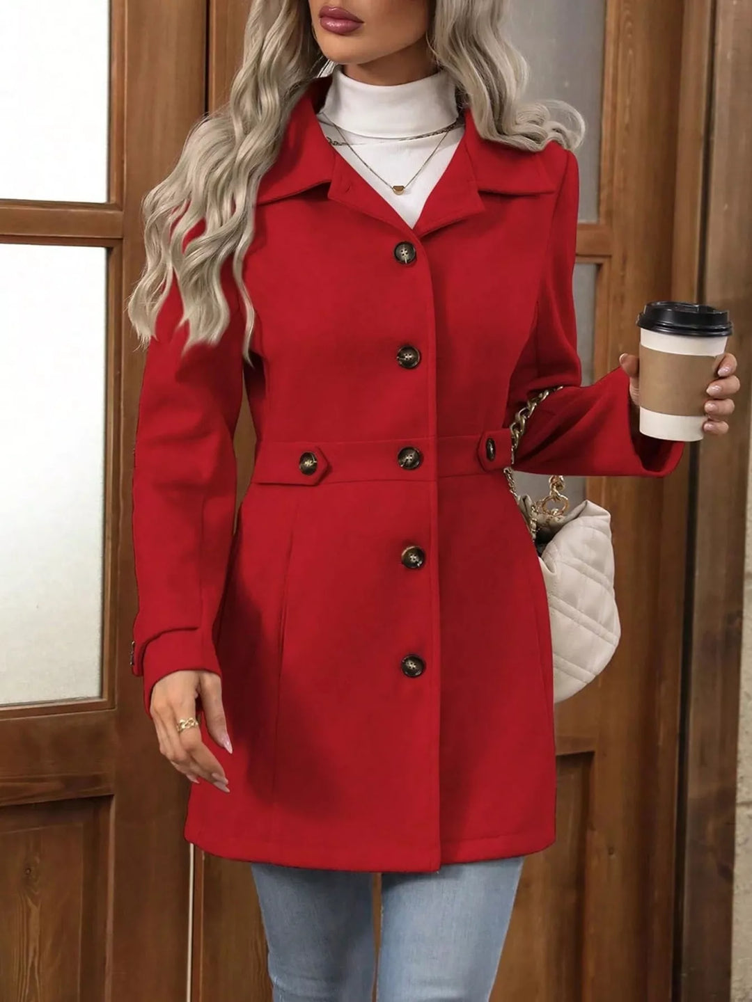 Single-breasted lapel coat with waist tabs and pockets