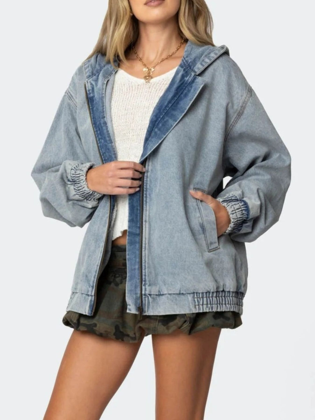 Hooded oversized zip-up denim jacket with elastic cuffs