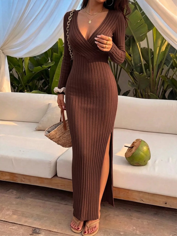 Coffee Brown Ribbed knit maxi dress with surplice V-neck and side slit