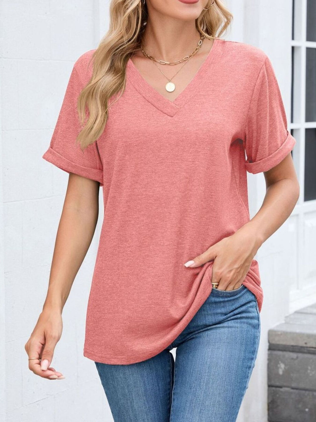 Relaxed V-neck short sleeve tee with rolled cuffs