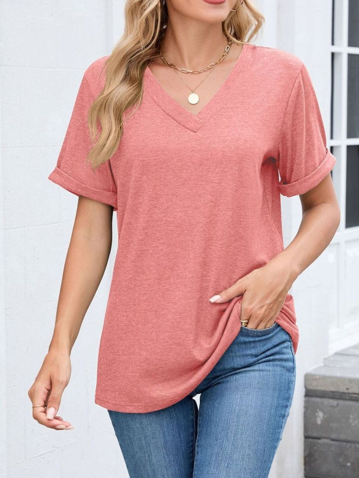 Relaxed V-neck short sleeve tee with rolled cuffs