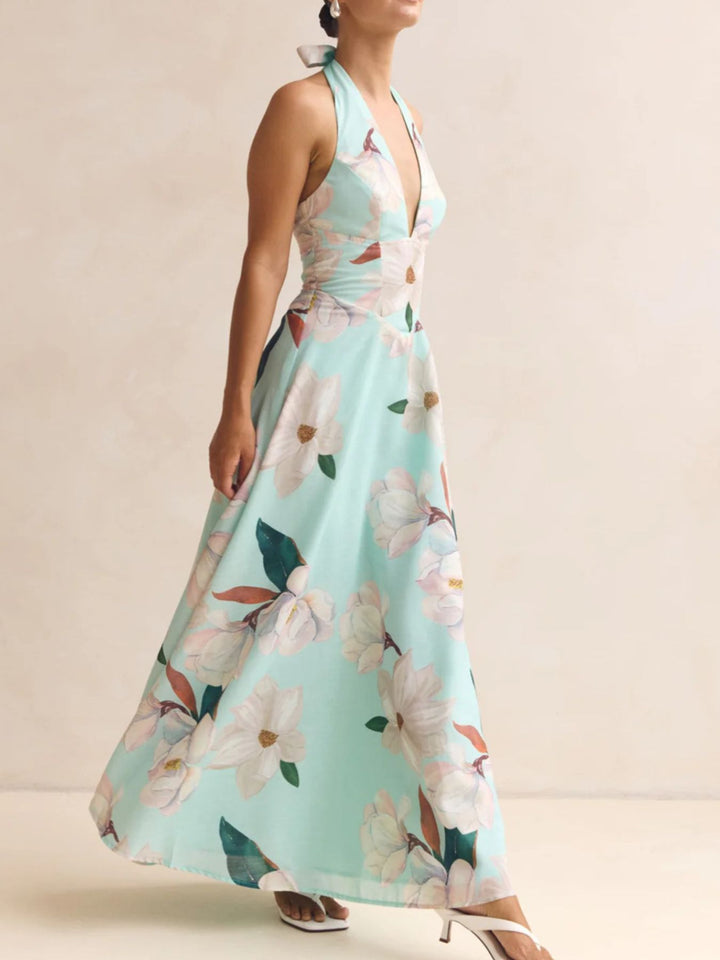 Floral print halter maxi dress with lace-up back