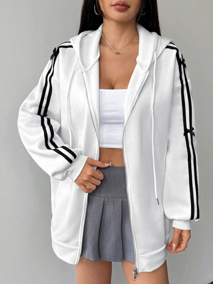 Zip-up hoodie with striped sleeves and bow detail