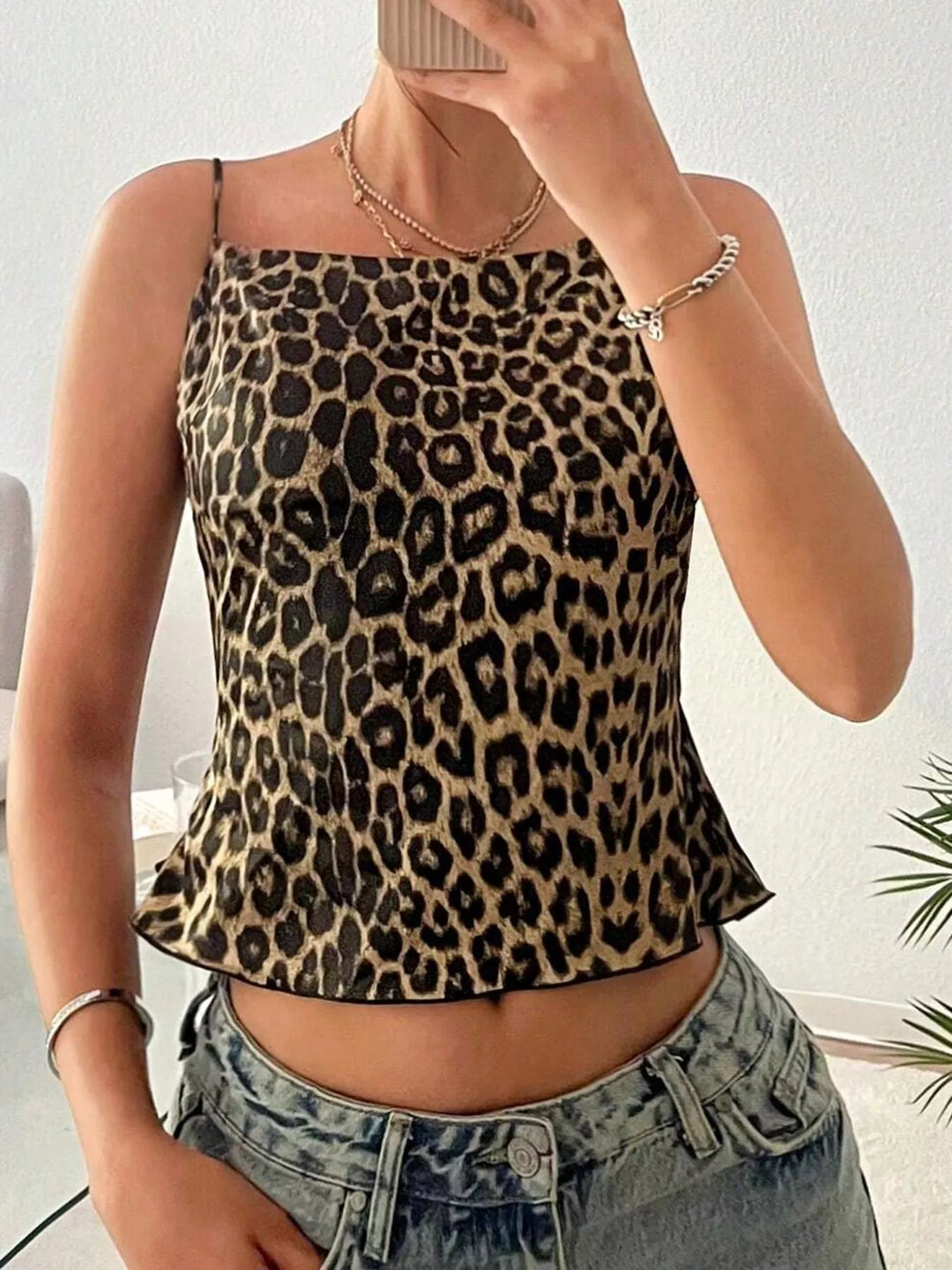 Leopard print crop cami with backless tie detail