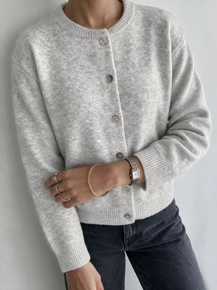 Gray/white Brushed knit button-down cardigan with ribbed crew neck