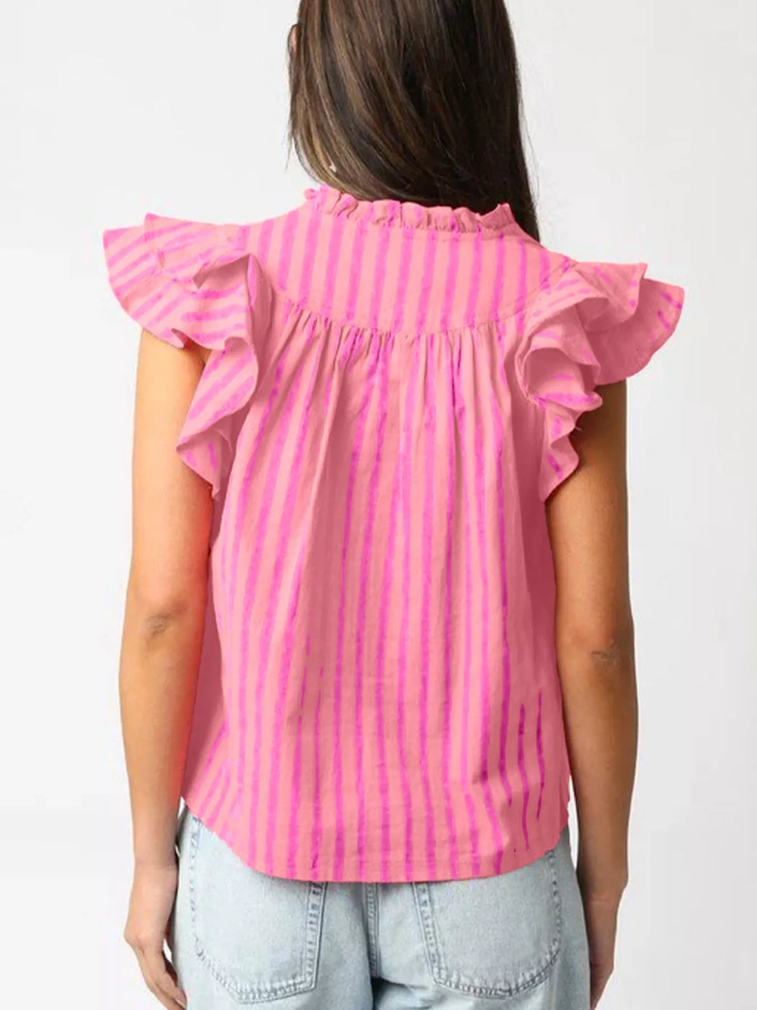 Striped split-neck ruffle-sleeve summer blouse