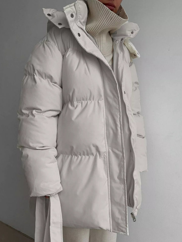 Belted puffer winter coat with snap-off hood
