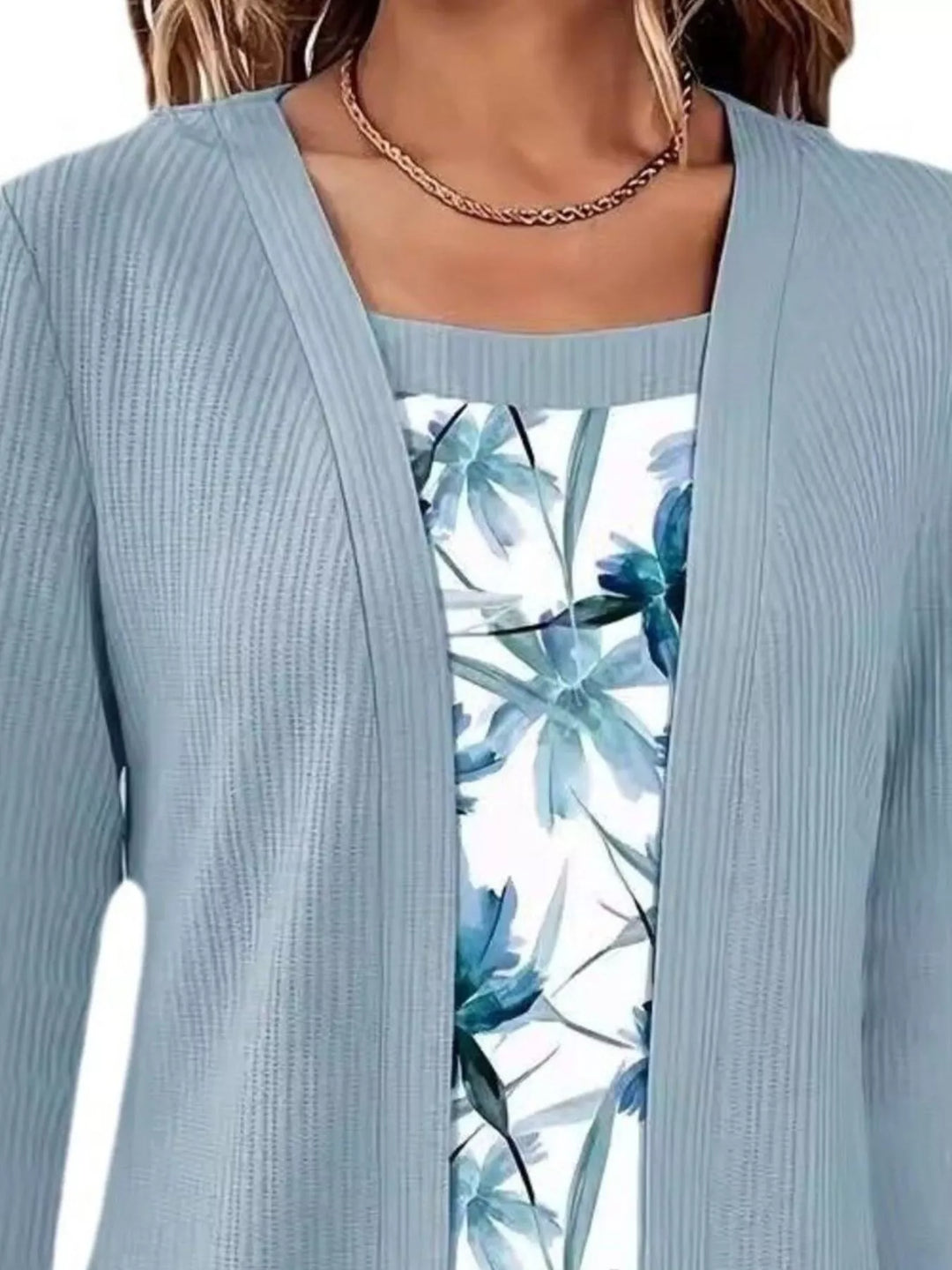 Floral two-in-one layered top with ribbed knit cardigan