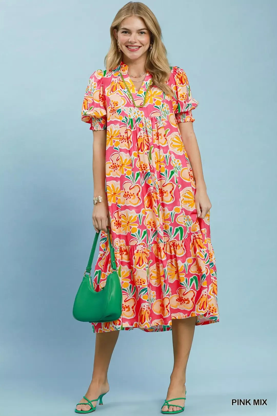Bold floral puff sleeve tiered midi dress with pockets