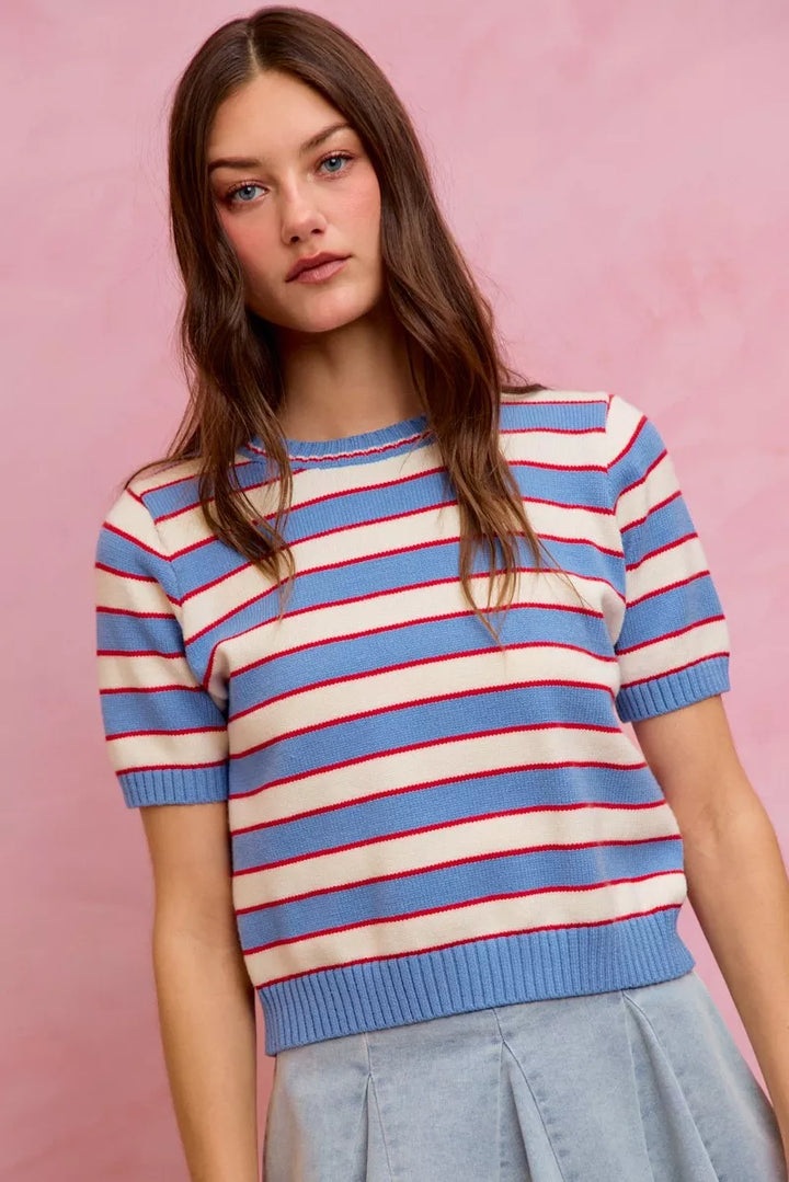 Blue/Red Striped ribbed knit short sleeve crew neck sweater top