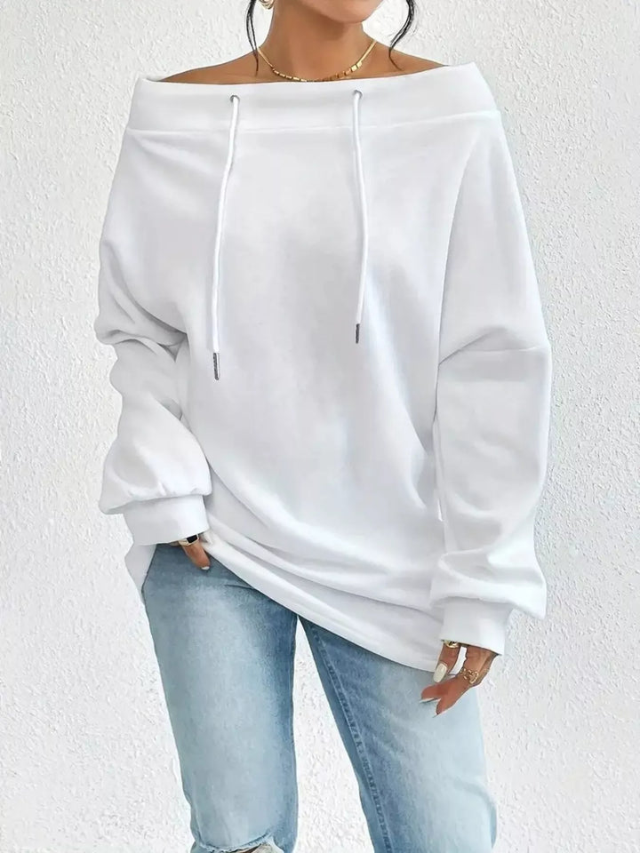 White Off-shoulder drawstring sweatshirt with ribbed cuffs