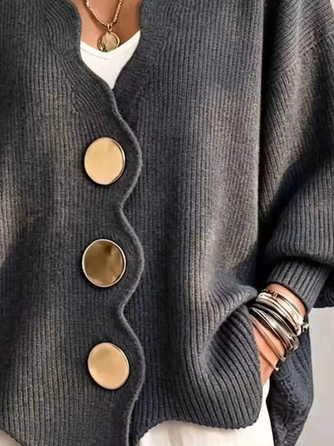 Scalloped-edge ribbed knit oversized button-down cardigan