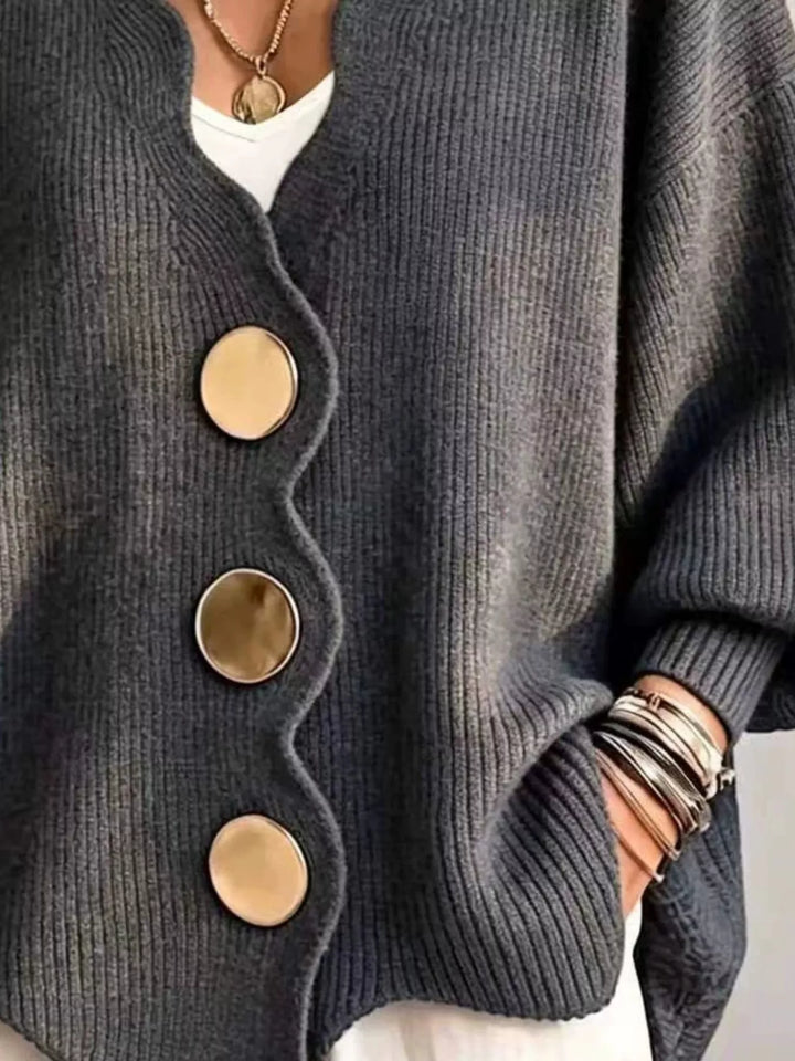 Scalloped-edge ribbed knit oversized button-down cardigan