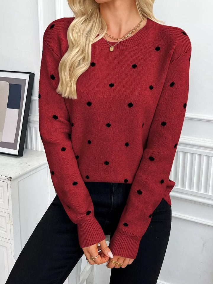 Burgundy Polka dot knit crew neck pullover sweater