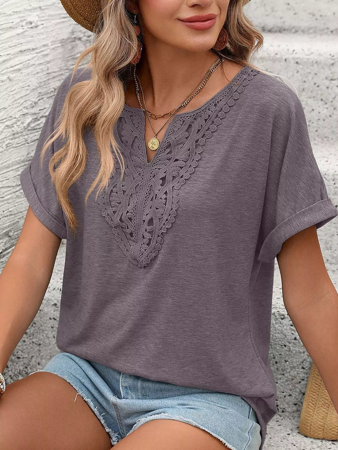 Lace-trim V-neck short sleeve top with rolled cuffs