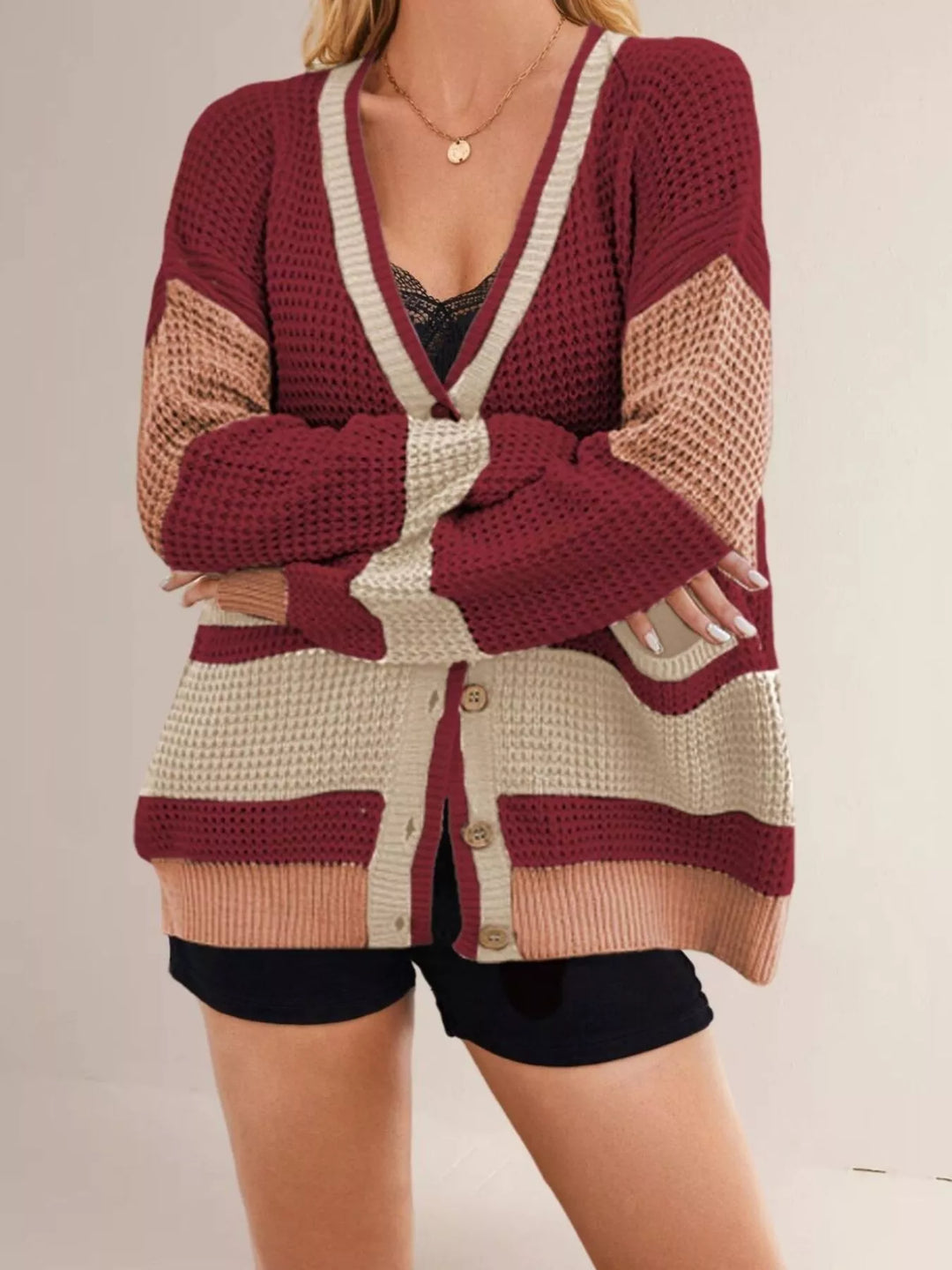 Color block waffle knit button-front V-neck cardigan