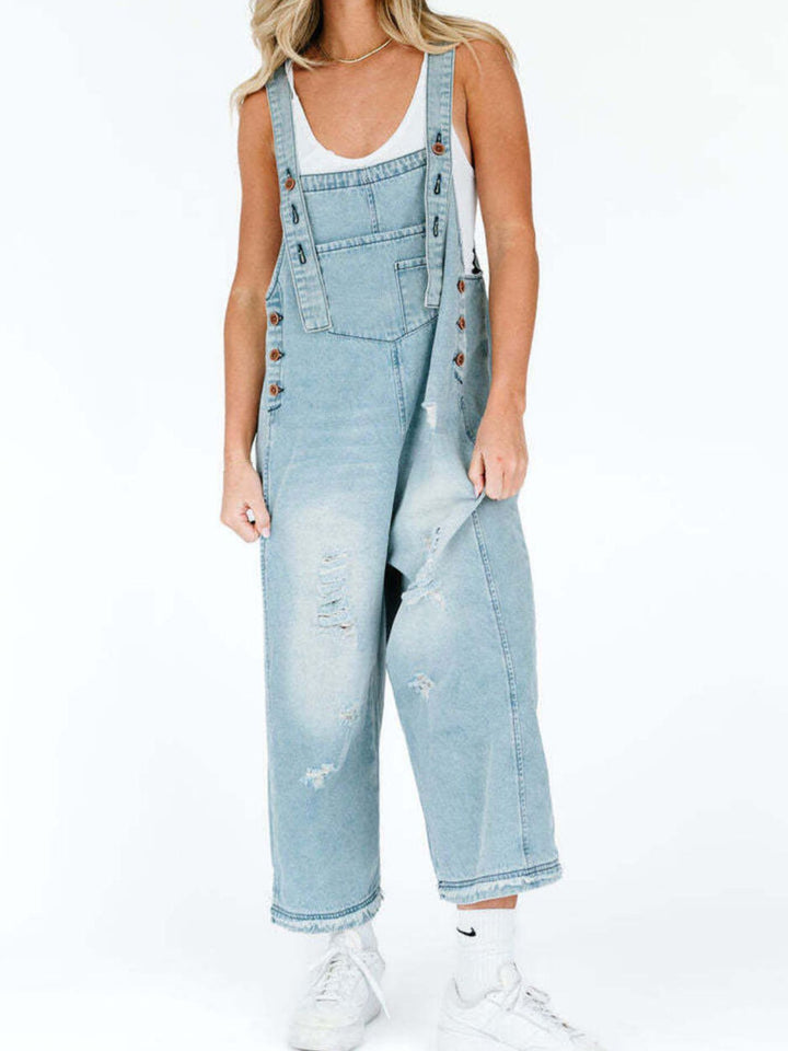 Light Blue Distressed wide leg denim overalls with adjustable straps