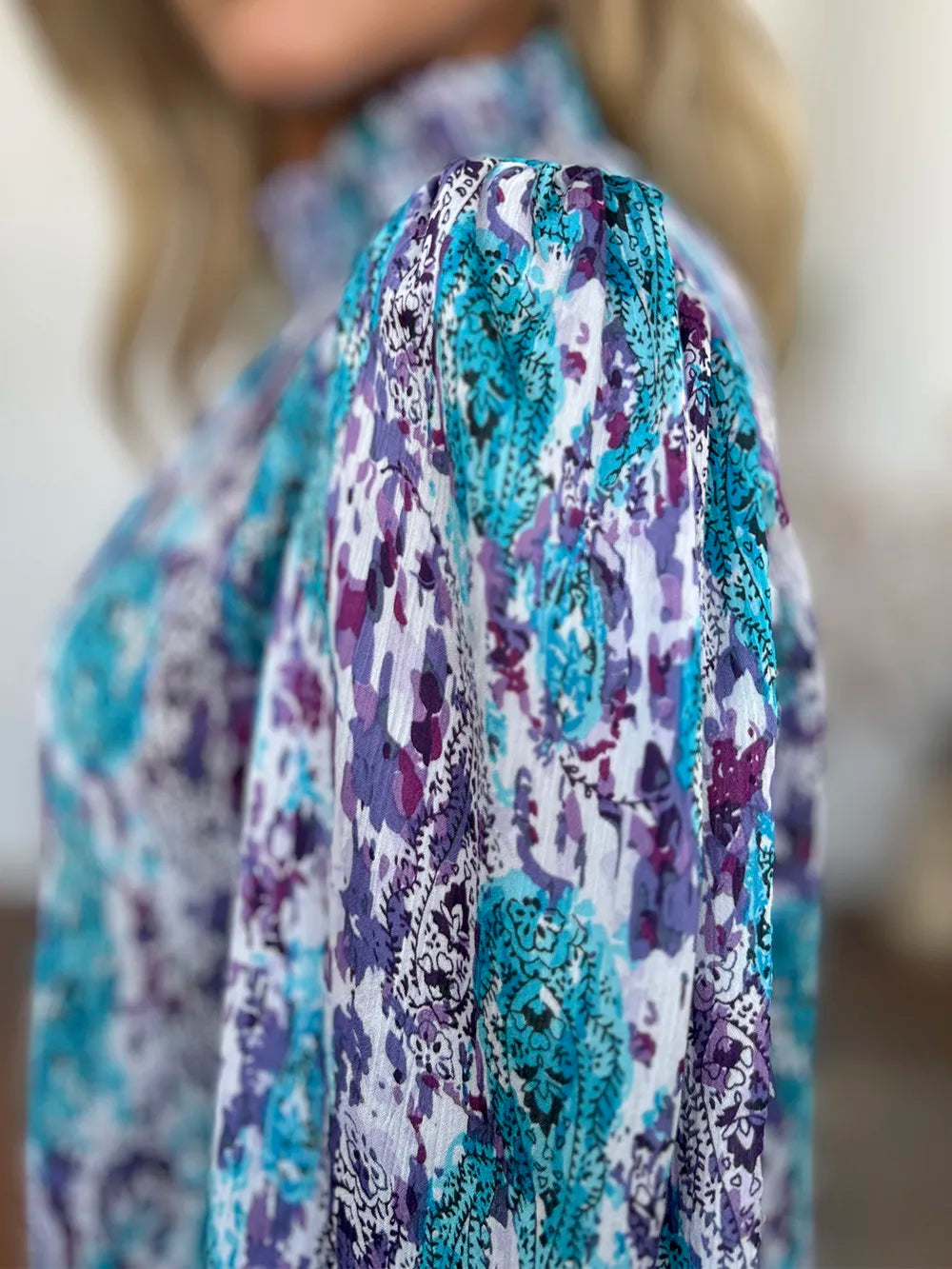 Printed smocked frill mock neck long sleeve blouse