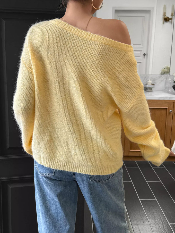 One-shoulder ribbed knit pullover sweater