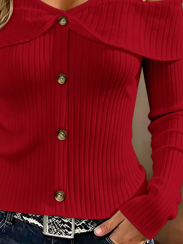 Cold shoulder ribbed knit top with foldover collar and buttons