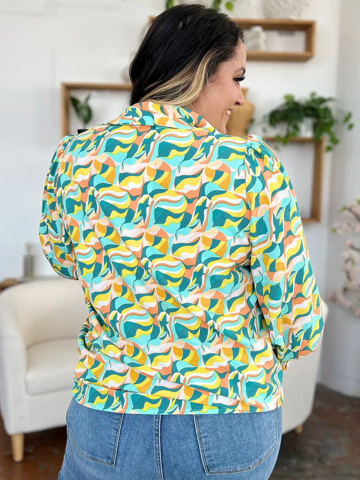 Abstract print smocked balloon sleeve blouse