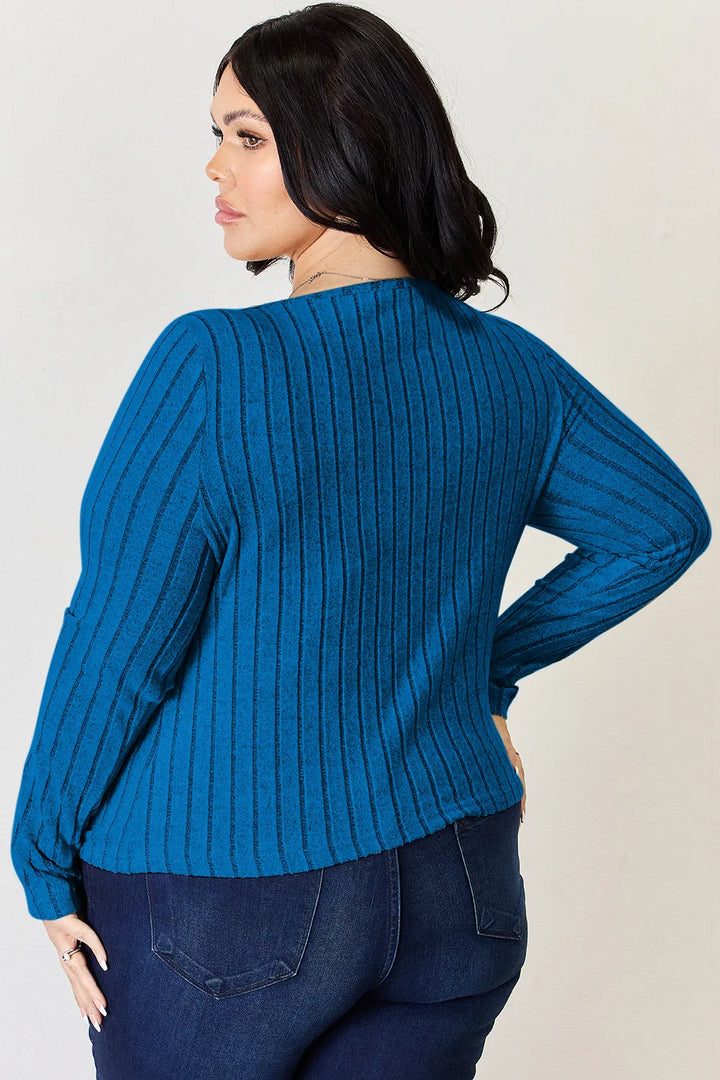 Ribbed scoop neck long sleeve fitted top