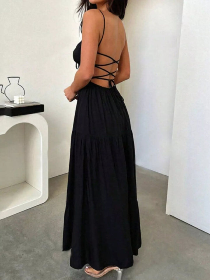 Black Backless lace-up spaghetti strap tiered maxi dress