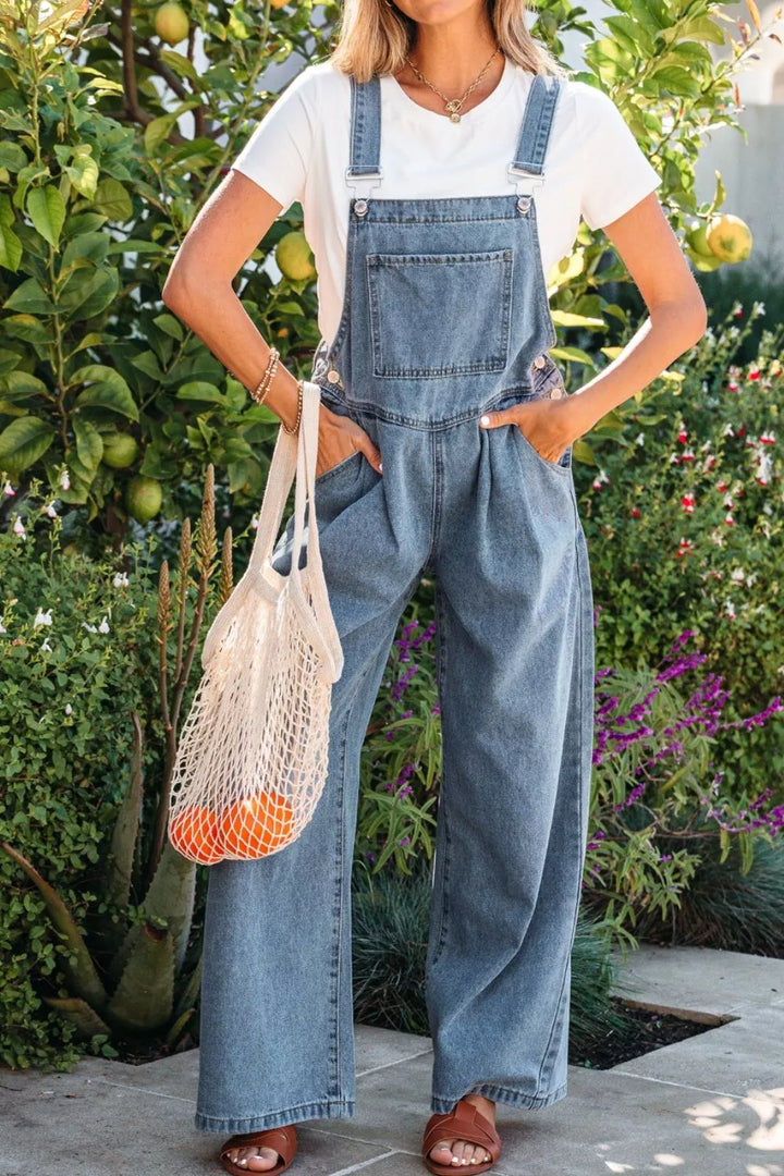 Pleated wide-leg denim overall jumpsuit with bib pocket
