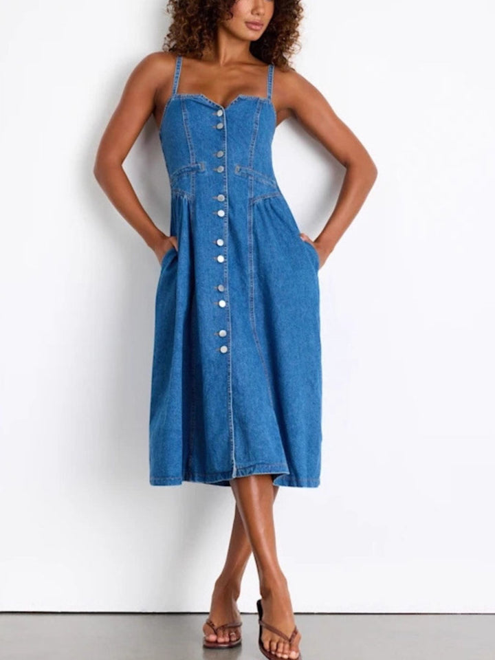 Dusty Blue Button-front denim midi dress with sweetheart neckline and pockets