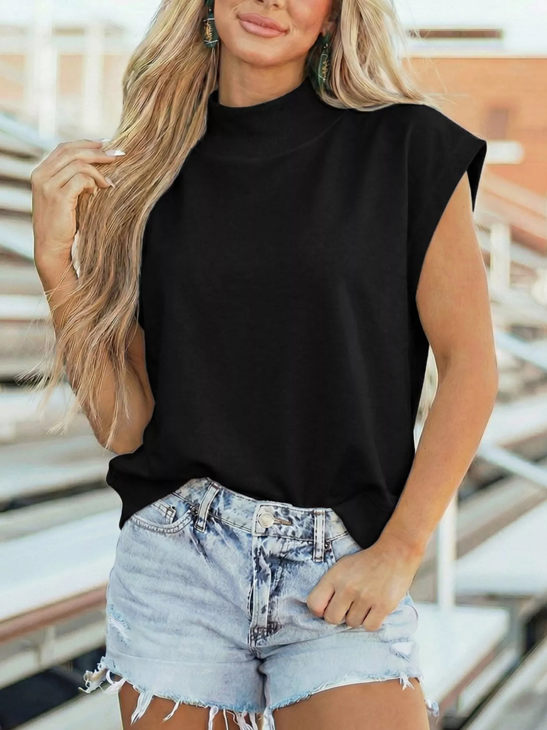 Mock neck cap sleeve relaxed-fit blouse