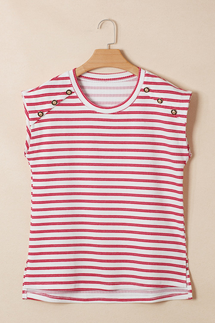 Striped textured knit tee with shoulder buttons