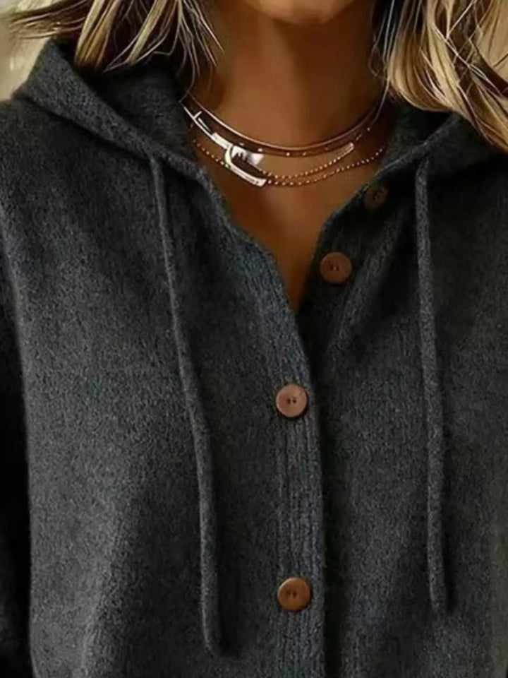 Hooded button-down knit cardigan with drawstring