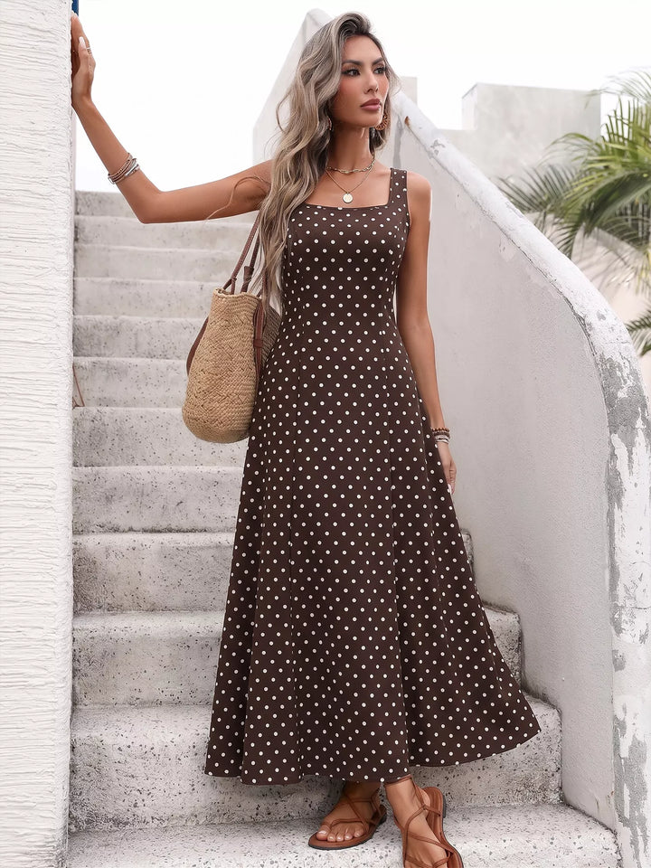 Sleeveless polka dot square-neck maxi dress