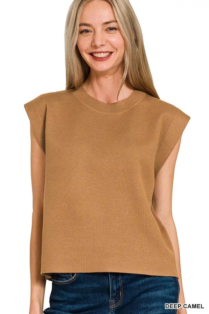 DEEP CAMEL Boxy knit sweater vest with round neck and extended shoulders