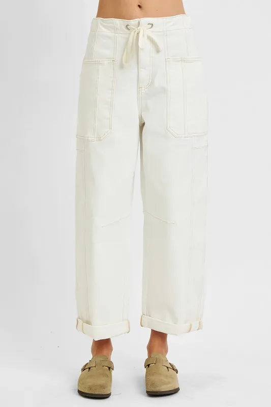 Cream High-rise barrel-leg utility jeans with drawstring waist